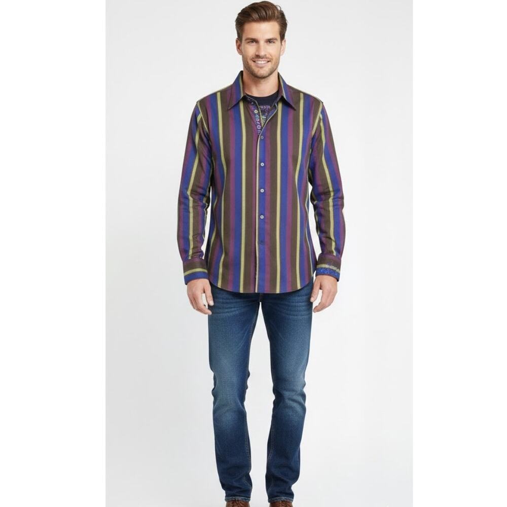 Robert Graham Multi Color Purple Green Striped Button Front Flip Cuff Shirt Sz L
